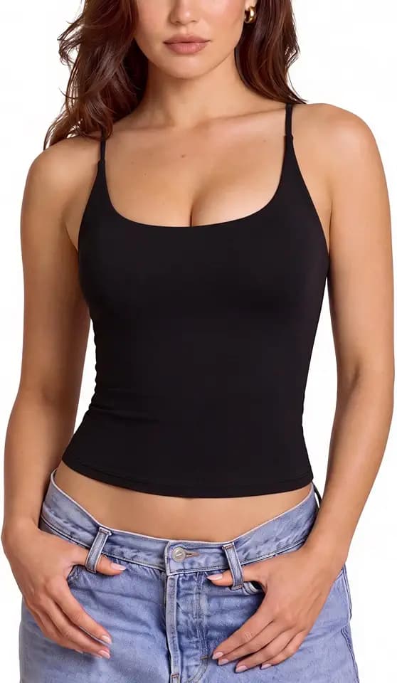 SUUKSESS Women Padded Scoop Neck Tank Tops Double Line Going Out Basic Camisole Top