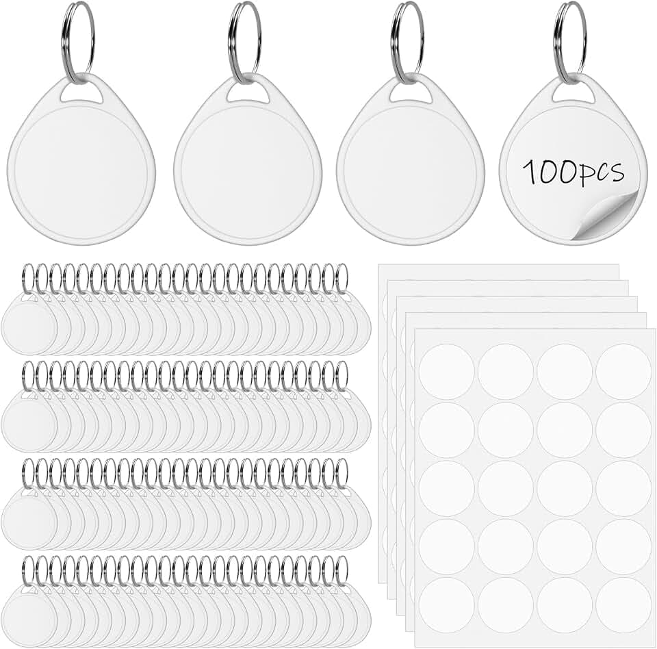 100 Pcs Rack Key Tags with Label 1.5 Inch Reusable Round Plastic Tags with Blank Paper Stickers and Split Rings, Item Identifiers for Home,Office and Rental Management Use (White)