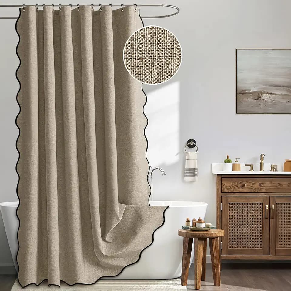 MIULEE Khaki Scalloped Linen Shower Curtain 72x72 Inches