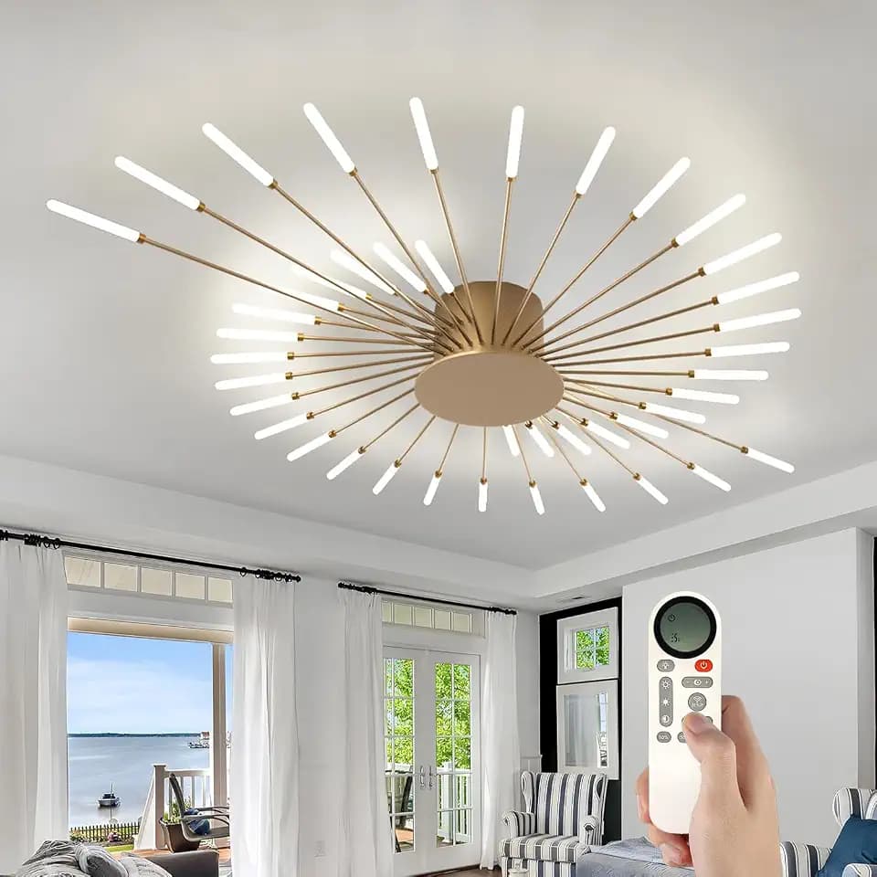 AHXIAOZN Ceiling Light Modern LED Ceiling Lamps,Flower Shape Ceiling Lights, Flush Mount Chandelier, Fireworks Ceiling Light,3 Color/3000-6500K(Gold, 42 Heads)