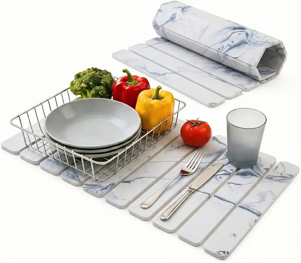 Dish Drying Mats for Kitchen Counter, Fast-Absorbing ,White With Blue