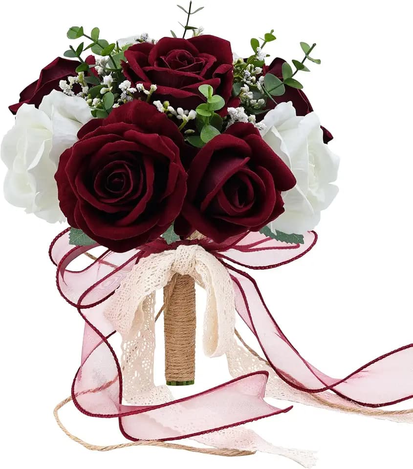 9in Wedding Bouquets for Bride Bridesmaid, Burgundy & White Artificial Roses Flowers Bouquet for Rustic Church Boho Wedding or Centerpieces Decoration