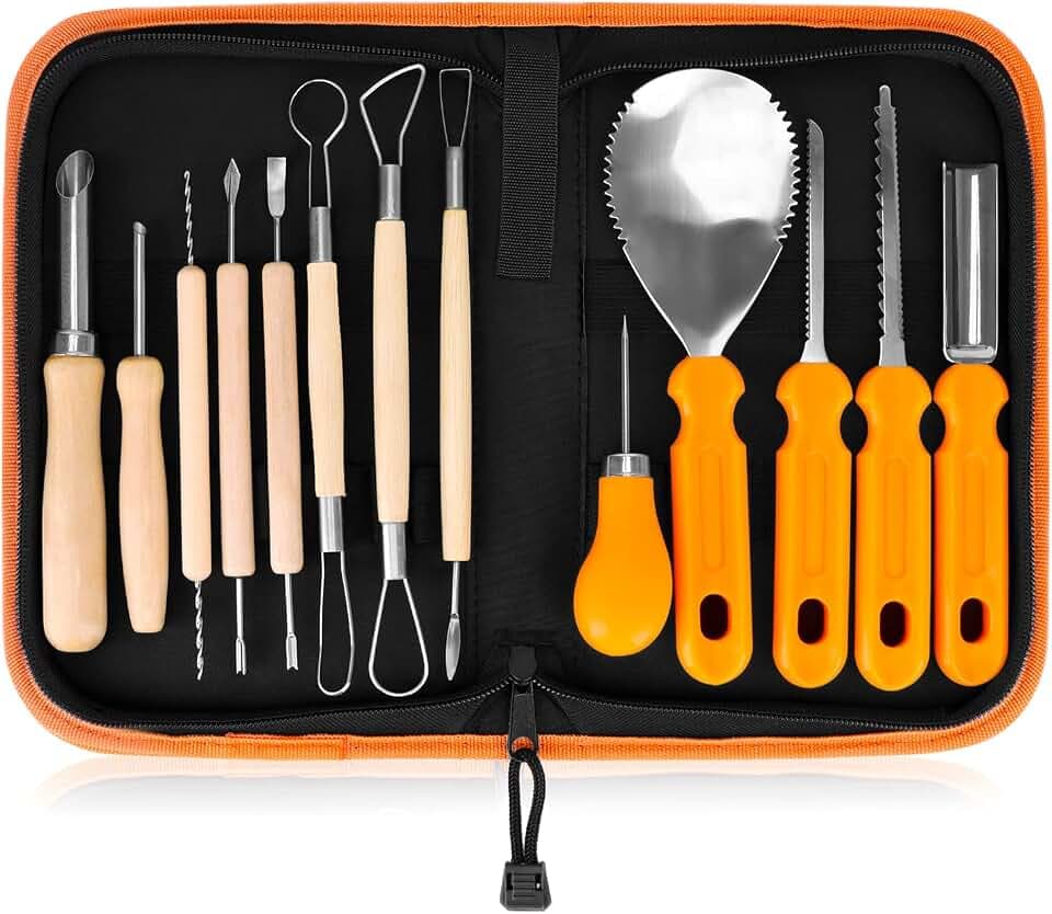 Elmchee Halloween Pumpkin Carving Tools,Jack-O-Lanterns 13 Piece Professional pumpkin cutting carving supplies tools Kit stainless steel lengthening and thickening with Handbag