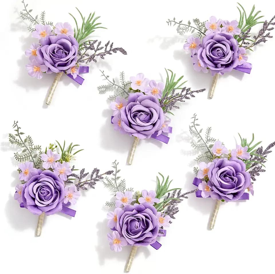 Serwalin 6 Pcs Purple Rose Boutonniere for Men Wedding Prom Party