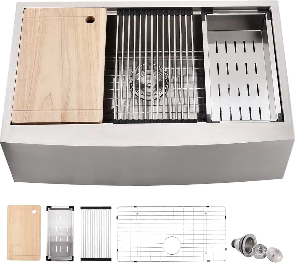 33 Inch Farmhouse Sink - Loftus Apron Front Kitchen Sink 16 Gauge Stainless Steel Workstation Ledge Deep Single Bowl Farm Sink with Accessories