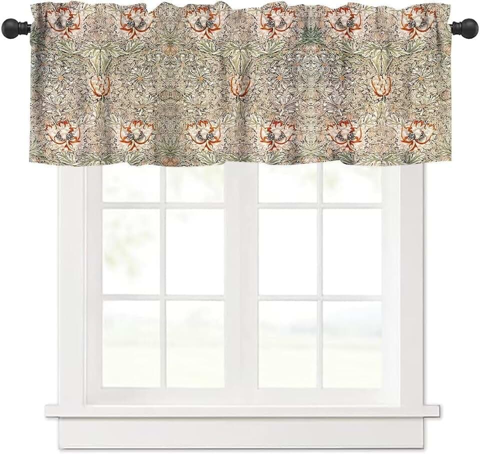 William Morris Vintage Floral Window Valance Curtain, Colorful Boho Flower Retro Botanical Plant Window Treatment Valances for Kitchen Living Room Café Décor 54'x18', 1 Panel