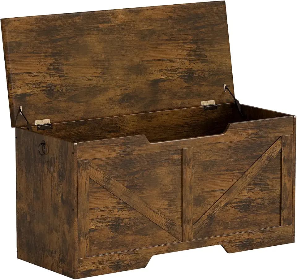 FDW 39.4 Inches Storage Bench, Retro Wooden Storage Benches with Safety Hinge, Entryway Storage Bench Supports 300 lb, Toy Chest Organizer, Easy Assembly for Entryway, Living Room, Brown