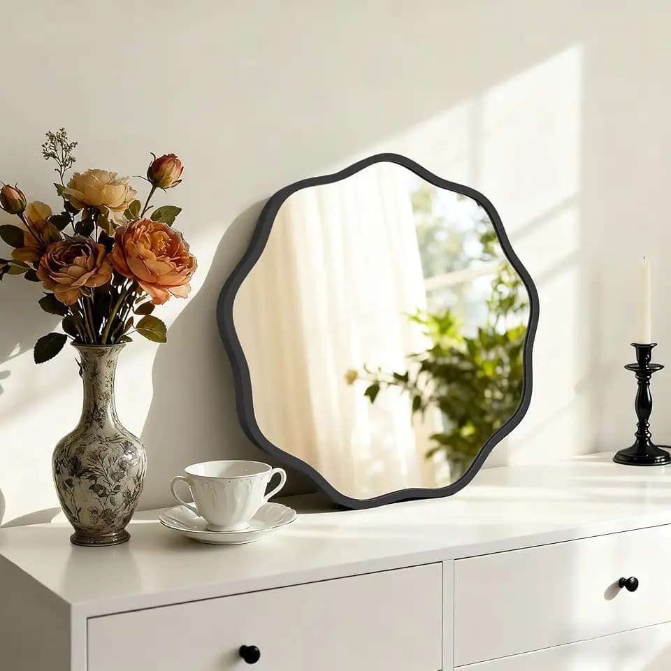 HOMECOOKIN 20" Wavy Round Wall Mirror, Black Scalloped Circle Mirror Edge Round with Metal Frame, Modern Decorative Hanging/Leaning Mirrors for Bathroom, Hotels, Hallway, Entryway, Vanity, Office