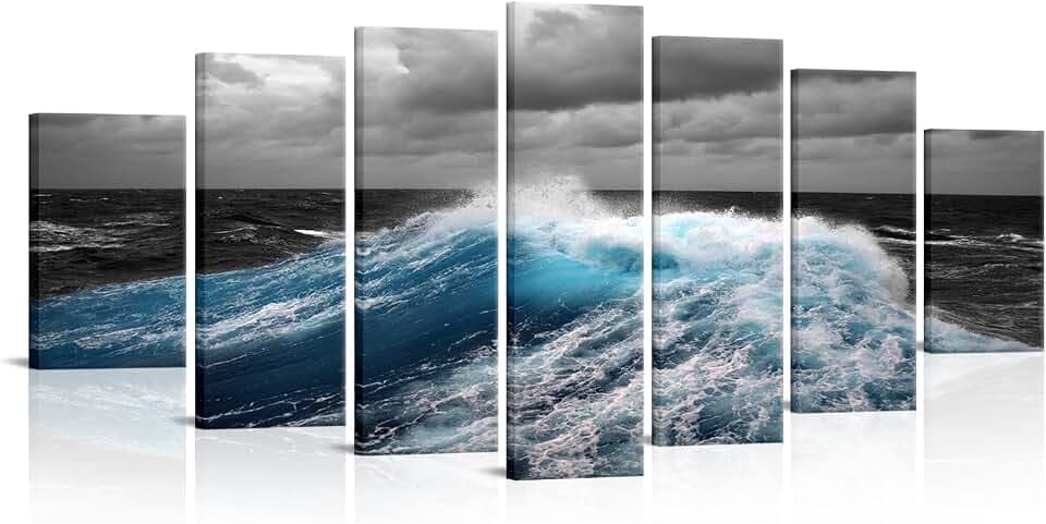 LevvArts XLARGE 7 Piece Ocean Waves Wall Art Black and White Blue Pictures Canvas Prints for Home Office Decor Ready to Hang Set of 7 Panels 70" W x 32" H