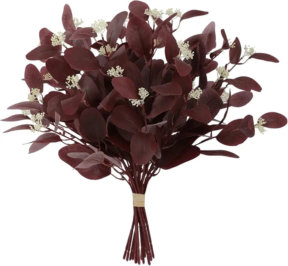 dallisten 20" Silk Artificial Eucalyptus Stems, 12Pcs Fake Eucalyptus Stem with Leaves Berries, Greenery Plants Floral Decorations for Wedding Party Flowers Arrangement Home Decor (Burgundy)