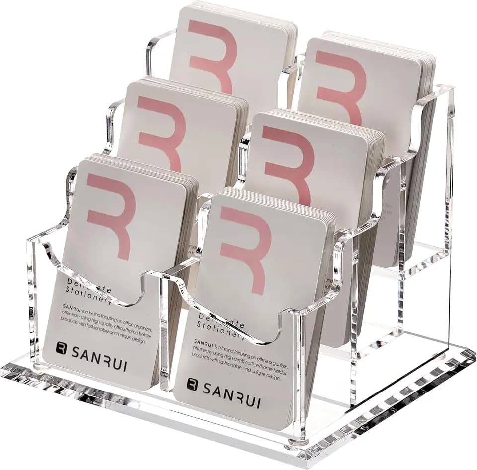 SANRUI Vertical Business Card Holder for Desk,Clear Acrylic Business Card Display Stand,6 Slots 3 Tier ,Holds 300 Cards