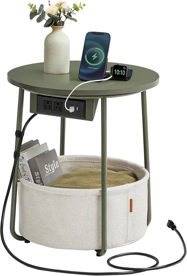 VASAGLE Side Table with Charging Station,Fabric Basket, Round End Table