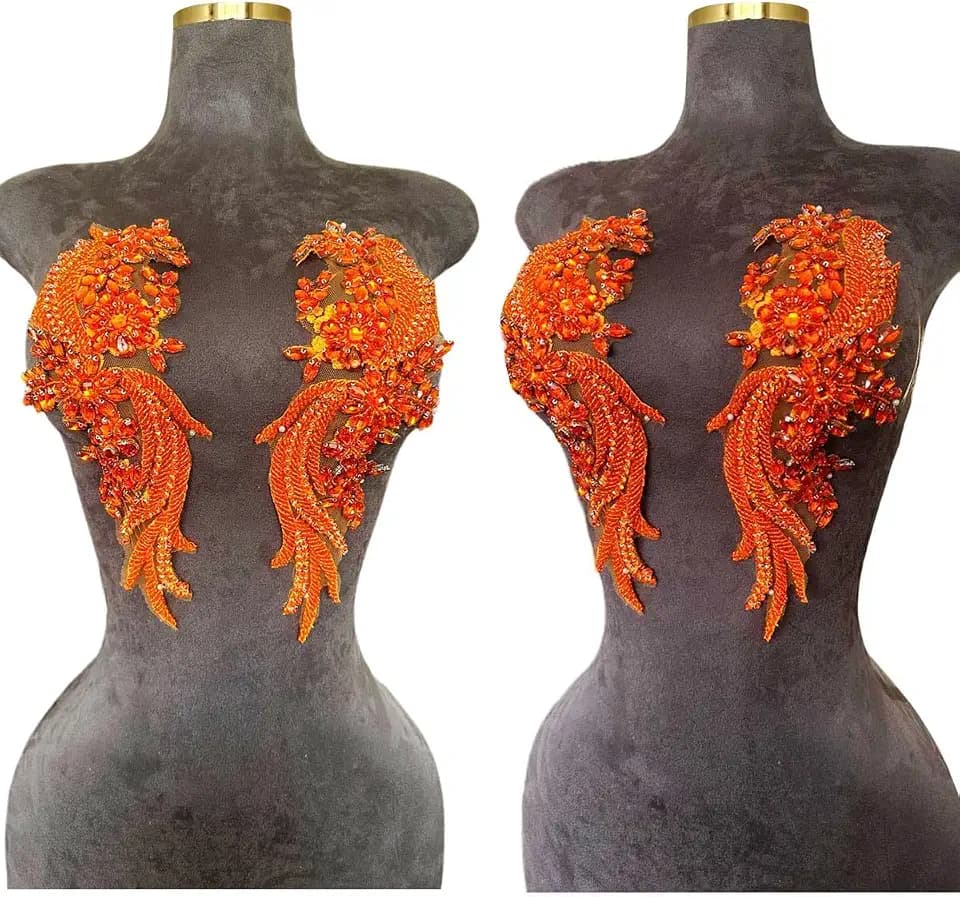 Handmade Rhinestones lace Trim Patches Handsewing Beads Bodice Applique for Dress DIY Accessories 1pair/Set (Orange)