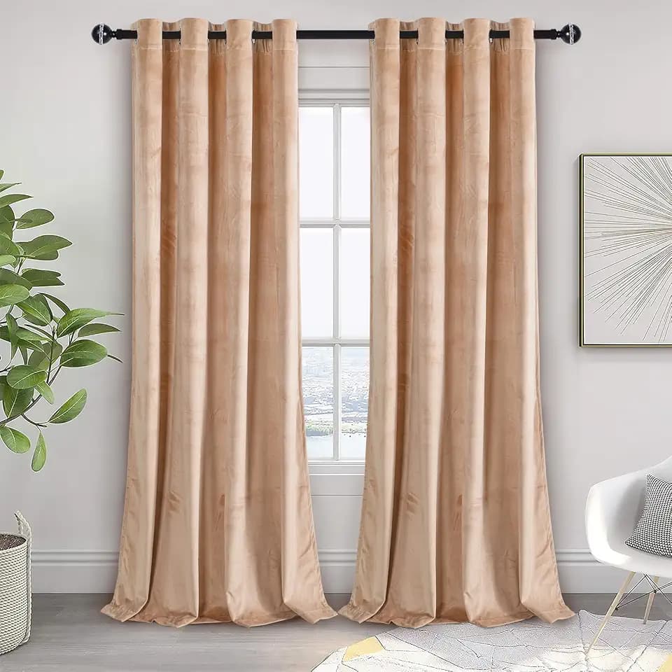 JIUZHEN Blush Beige Velvet Curtains 108 inches Soundproof Curtains for Living Room - Privacy Protect Room Darkening Grommet Thick Velvet Window Drapes for Bedroom, Set of 2 with Tiebacks, 52W x 108L