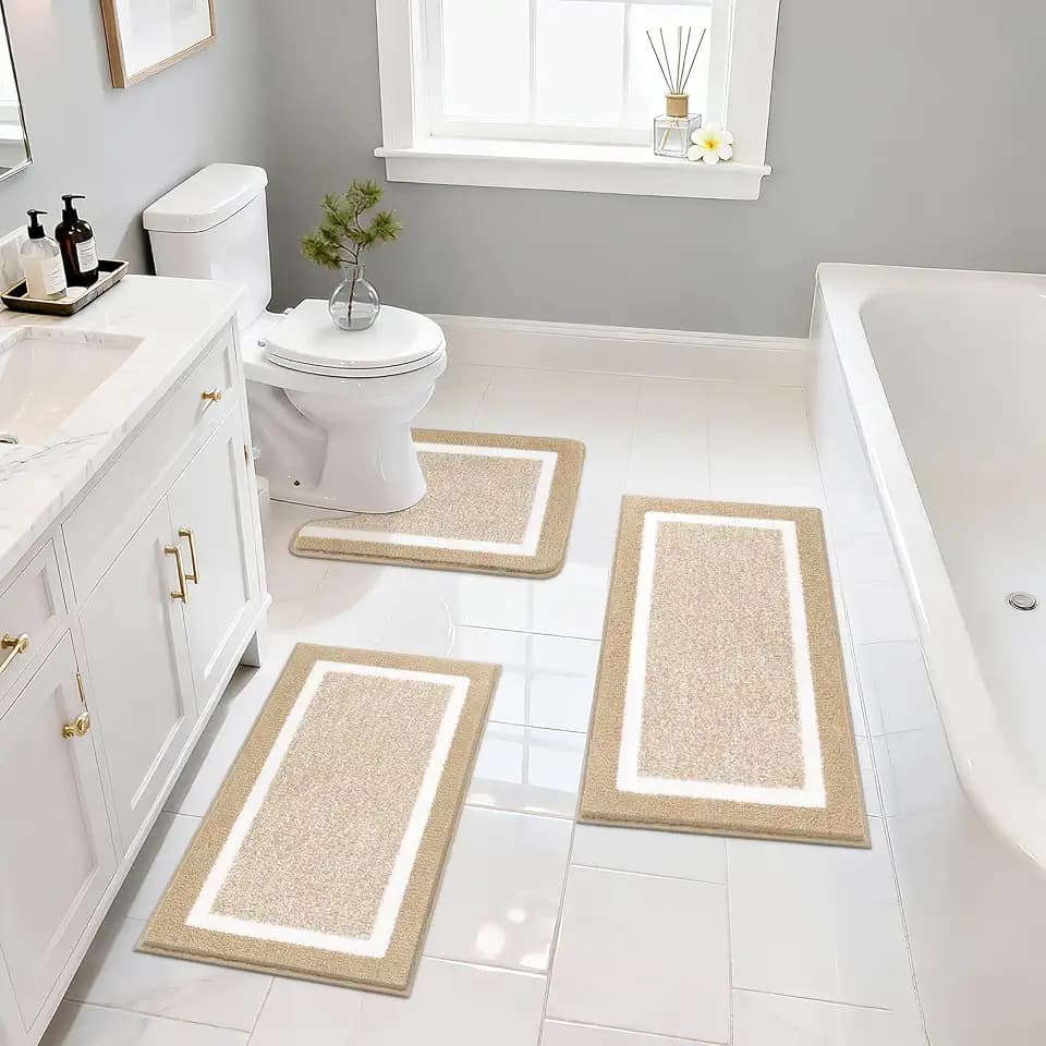 Pauwer 3 Piece Bathroom Rug Set, Non Slip Washable Bath Mat, Beige