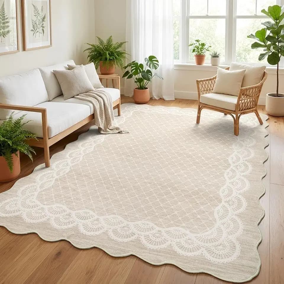 Garvee Washable Scalloped 9x12 Area Rug for Living Room, Lace Beige Rug