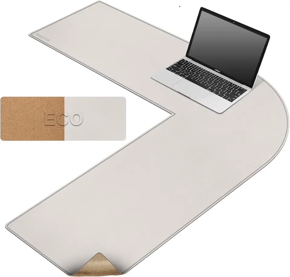 MAIDERN (40”+ 40”) x 13” L Shaped Corner Desk Mat, Cork & Leather Dual Sided Desk Pad for Gaming Computer Office Home (Cream)