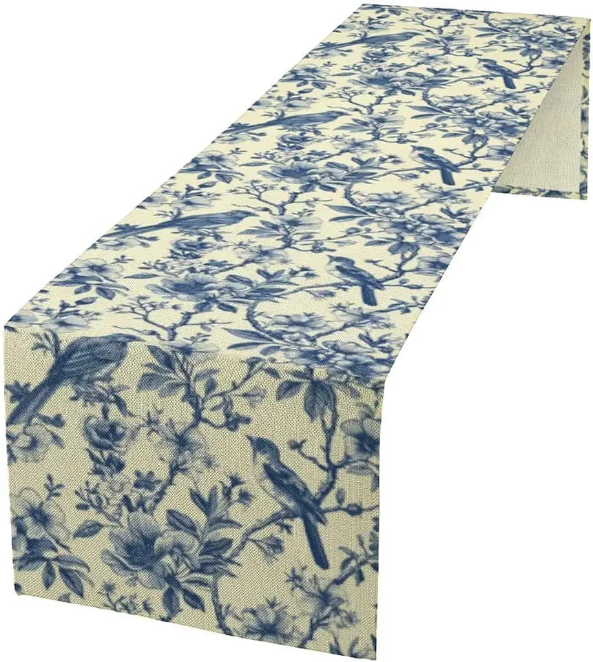 Vintage Bird Table Runner, Blue White Chinoiserie Floral Bird Retro Traditional Toile de Jouy Decor Table Runner for Kitchen Dining Outdoor Indoor Home Party, 13x36 Inch