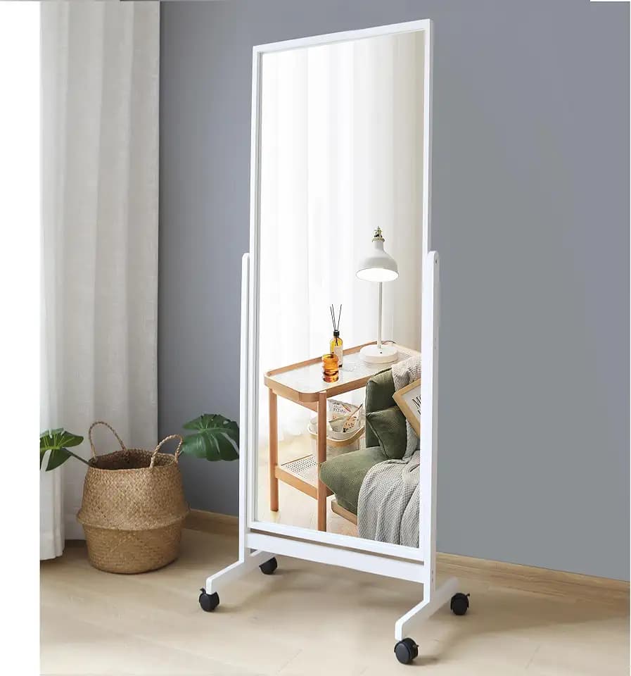 Swivel Tilting Full Length Mirror on Wheels 65"x22", Pine Wood Frame Cheval Floor Rolling Mirror Full Body with Standing Holder for Bedroom, Babershop, Home Gym, Angle Adjustable (White)
