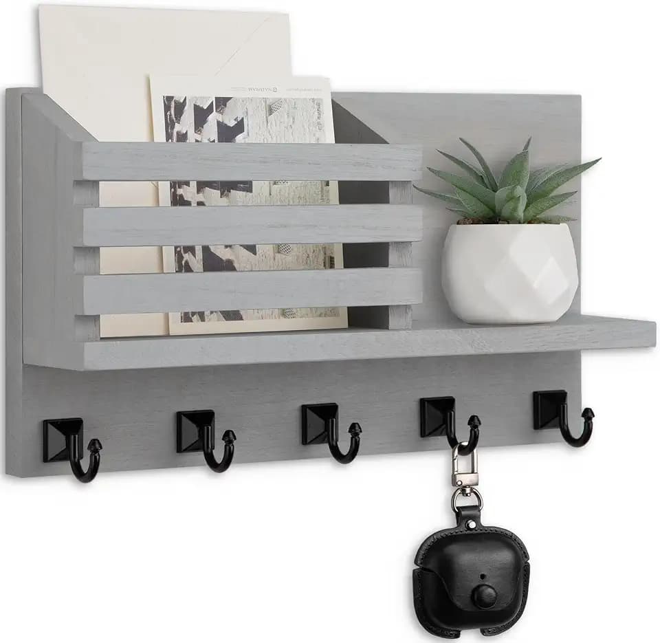 Key Holder Wall Mount, Mail Organizer for Wall with 5 Square Key Hooks
