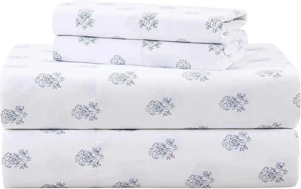 Comfort Spaces 100% Cotton King Sheet Set, 144TC, Floral Blue 4 Piece