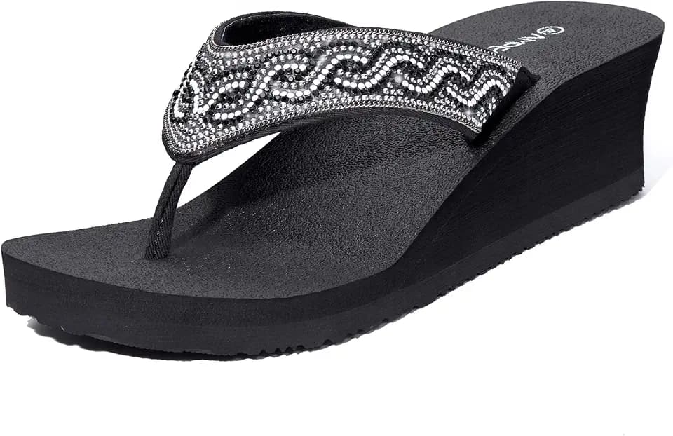 Ampeo Women's Wedge Sandals Rhinestone Thong Platform Flip Flops
