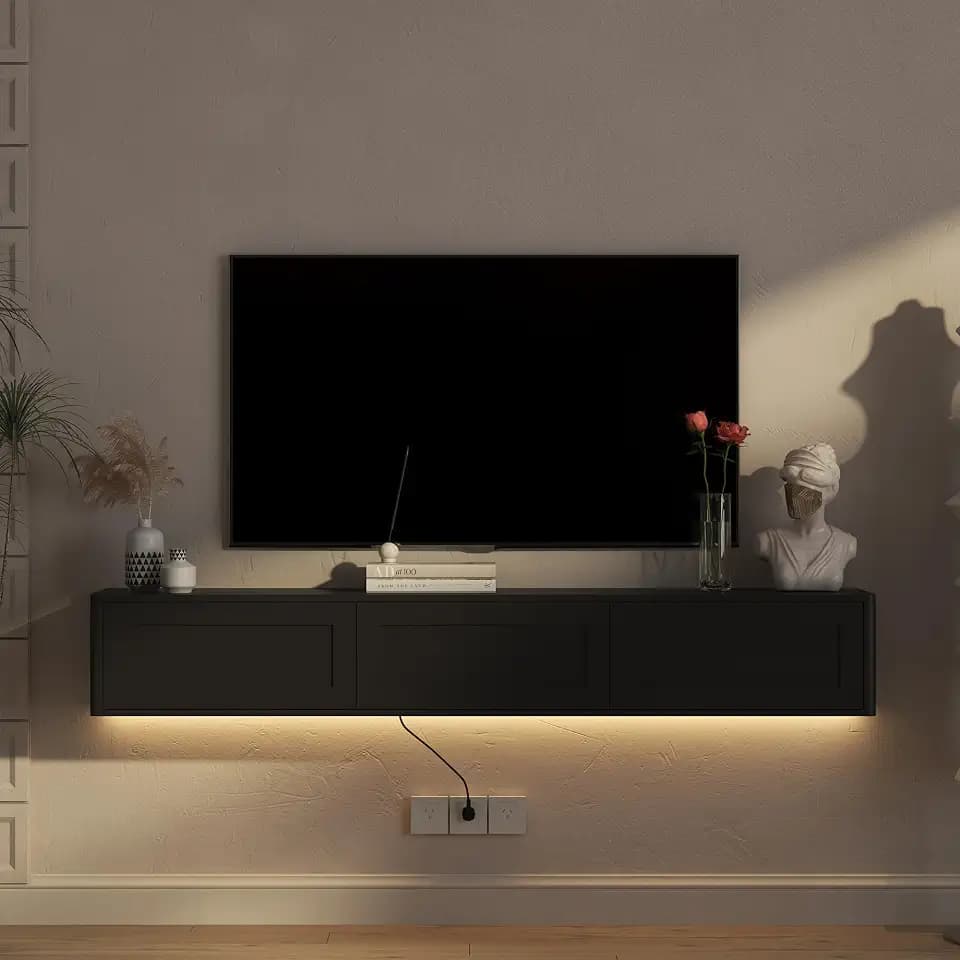 KEIKI 69" Wall Mounted TV Cabinet, Floating Wood TV Stand with LED Lights, Storage & Power Outlet, Modern Media Console for 55–65" TVs, Living Room, Black