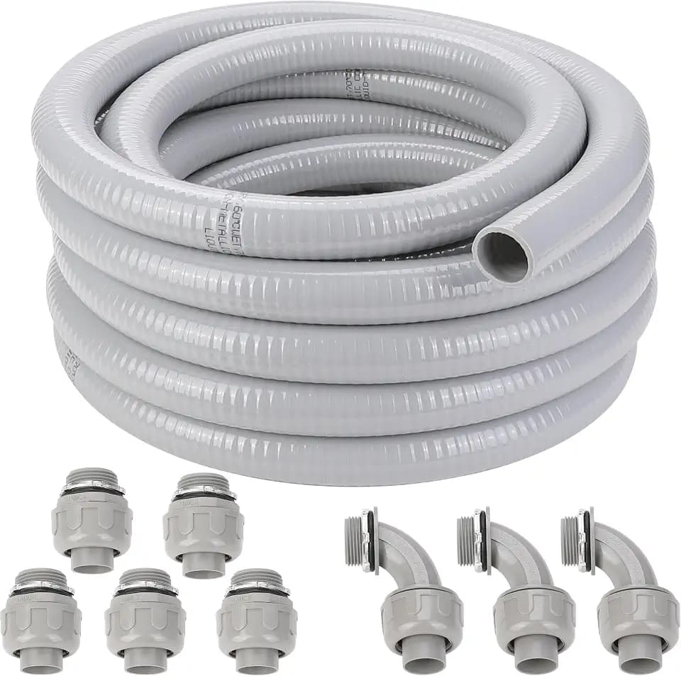 1 Inch Flexible Liquid Tight Conduit 25FT, Non Metallic Electrical Conduit Kit with 5PCS Straight and 3PCS 90-Degree Connector Fittings