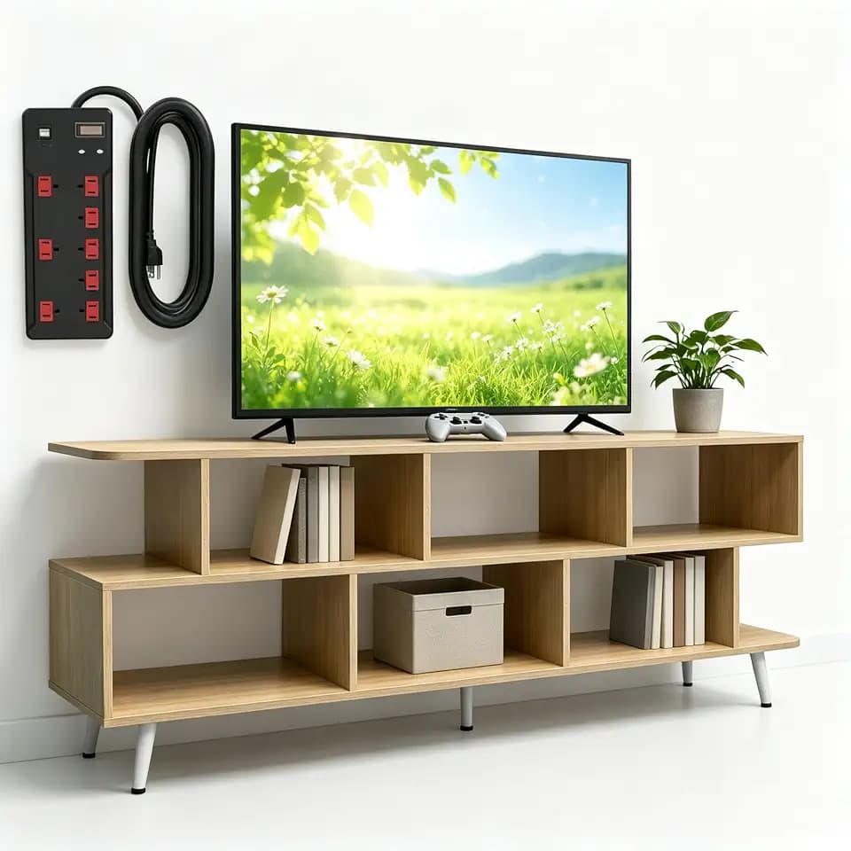 Lightdot 65" Walnut TV Stand Fits up to 75" TV with Outlet & 8 Open Shelf