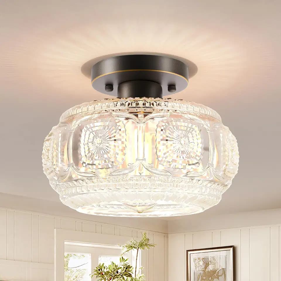 Glass Semi Flush Mount Ceiling Light Fixture, Oil Rubbed Bronze