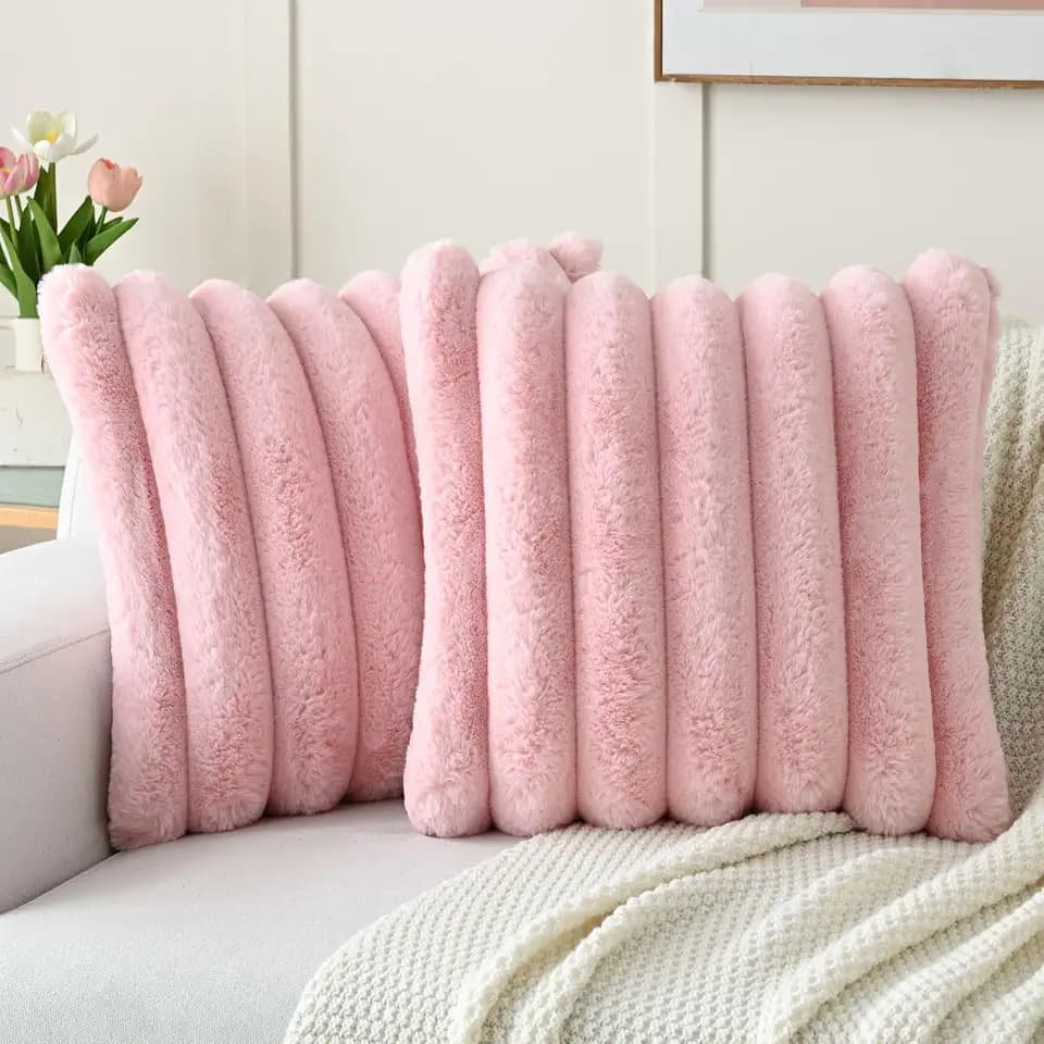 FUTEI Pack of 2 Faux Rabbit Fur Throw Pillow Covers 18x18 Inch, Pink