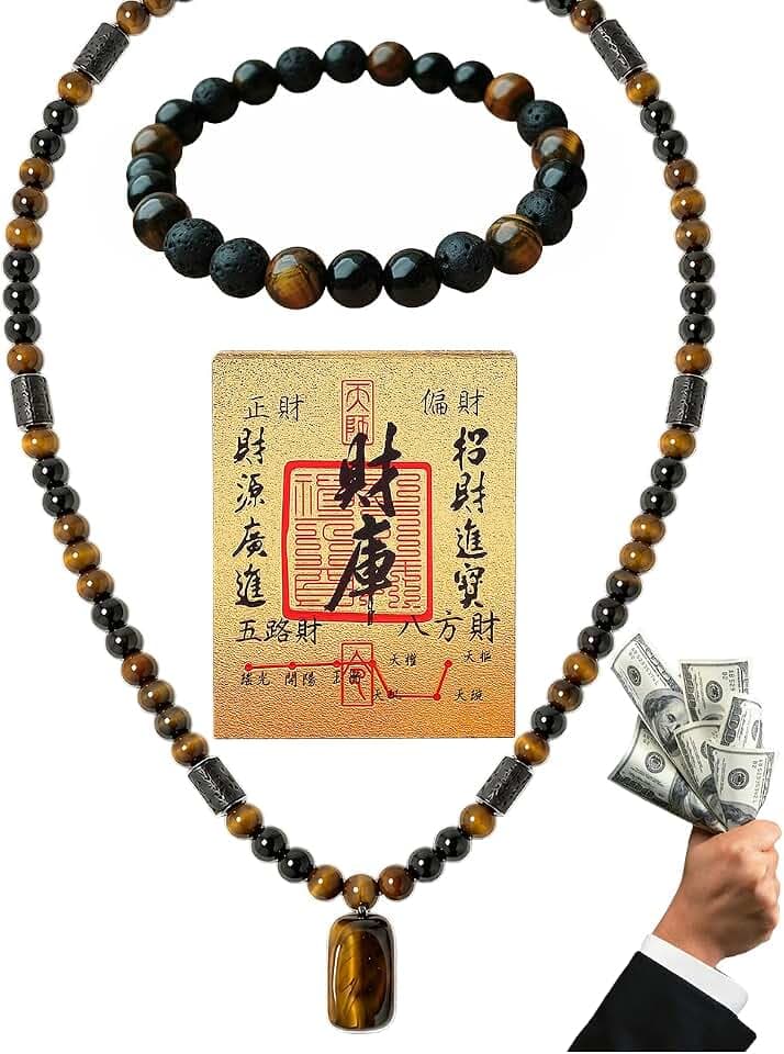Money Bracelets Necklace Jewelry Set for Women Men, Feng Shui Wealth Tiger Eye Obsidian Beaded Good Luck Natural Stone Protection Jewelry Gifts