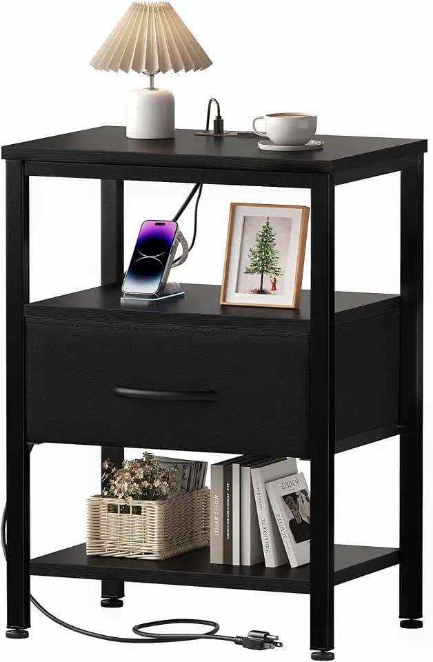 OLIXIS Nightstand with Charging Station, Beside Table with Fabric Drawer
