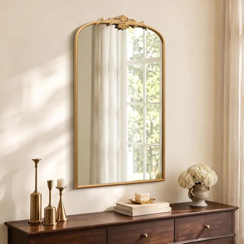 Besdomus Vintage Large Wall Mirror: 24"x42" French Arch Gold Vanity Mirrors