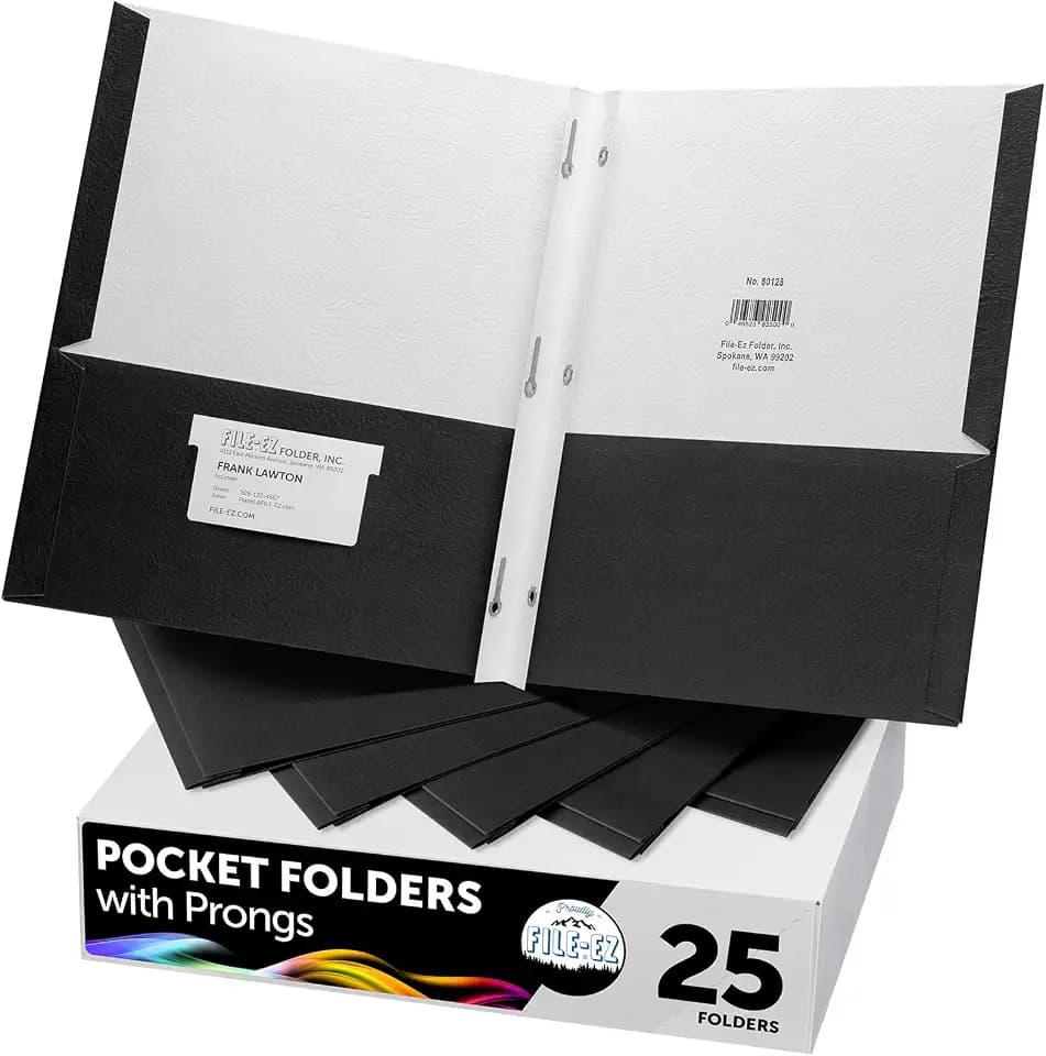 FILE-EZ Two-Pocket Folders with 3-Prong Fasteners, Black Color, 25-Pack, Durable Textured Paper, Matte Finish, Letter Sheet Size (EZ-92505)