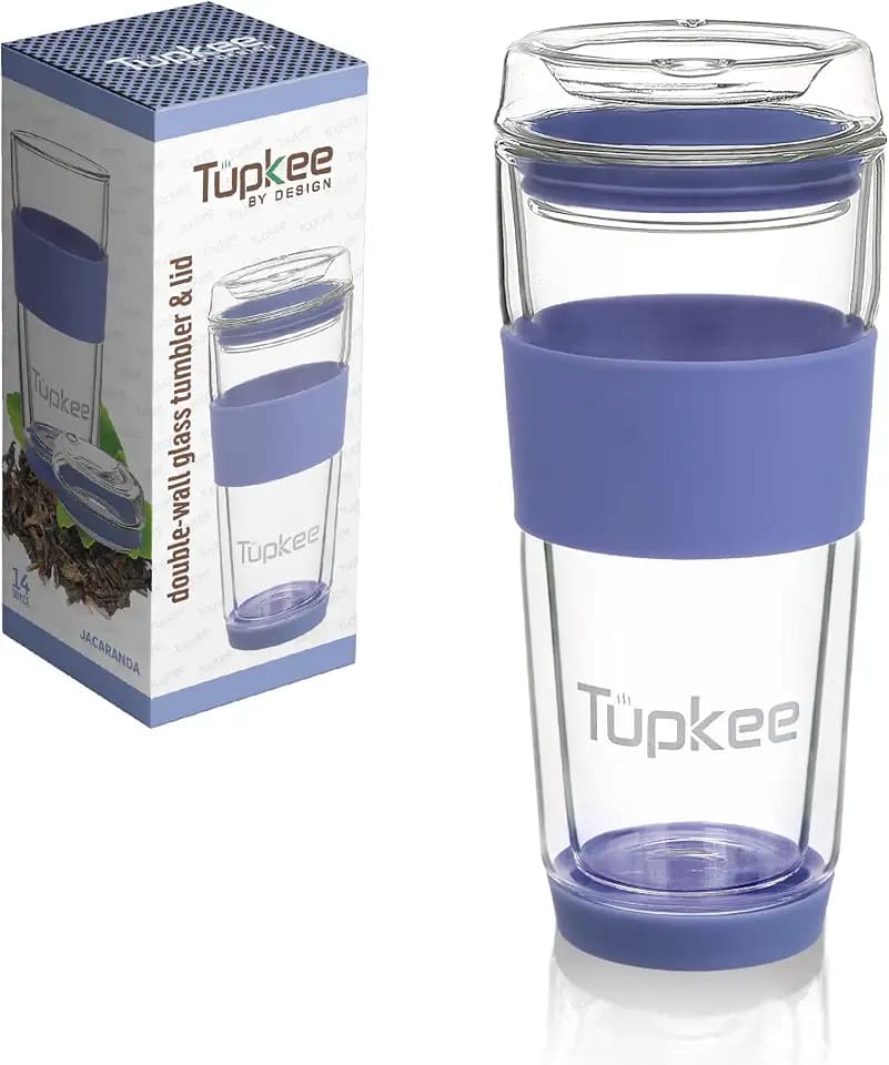 Double Wall Glass Tumbler, 14-Ounce Glass Travel Coffee Mug with Lid