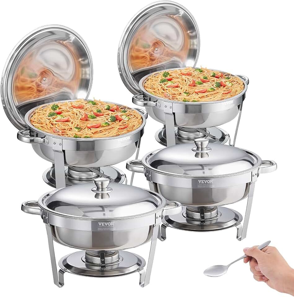 VEVOR Chafing Dish Buffet Set, 5 Qt 4 Pack, Stainless Steel Chafer with Full Size Pan, Round Catering Warmer Server with Lid Water Pan Stand Fuel Holder Cover Holder Spoon, for at Least 6 People Each