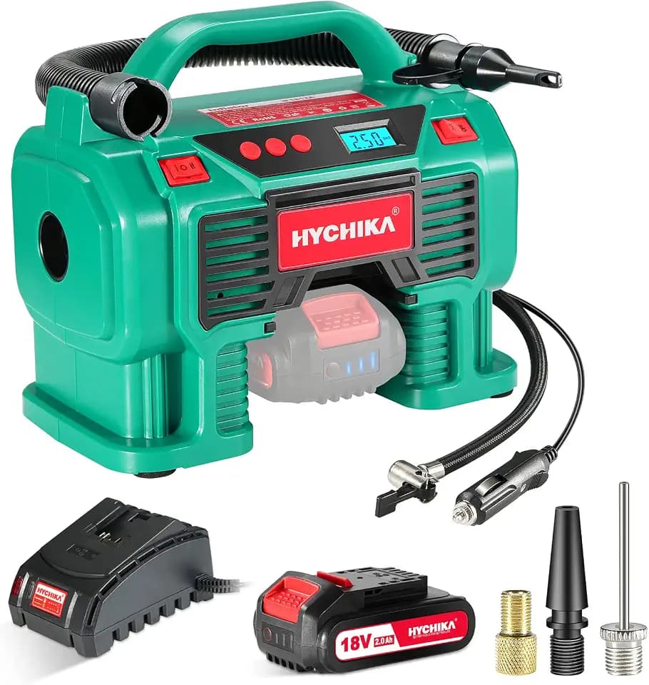 HYCHIKA Akku Luftkompressor 18V, uto Luftpumpe Max 11 bar mit 2.0 Wiederaufladbare Akku, Reifenpumpe mit LCD Display, LED Licht, automatische Abschaltung, Kompressor für Reifen, Bälle, Ballon