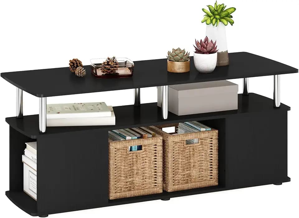 Furinno Jaya Coffee Table with Storage Shelf, Center Table with Bottom Shelves, for Living Room, Dark Americano