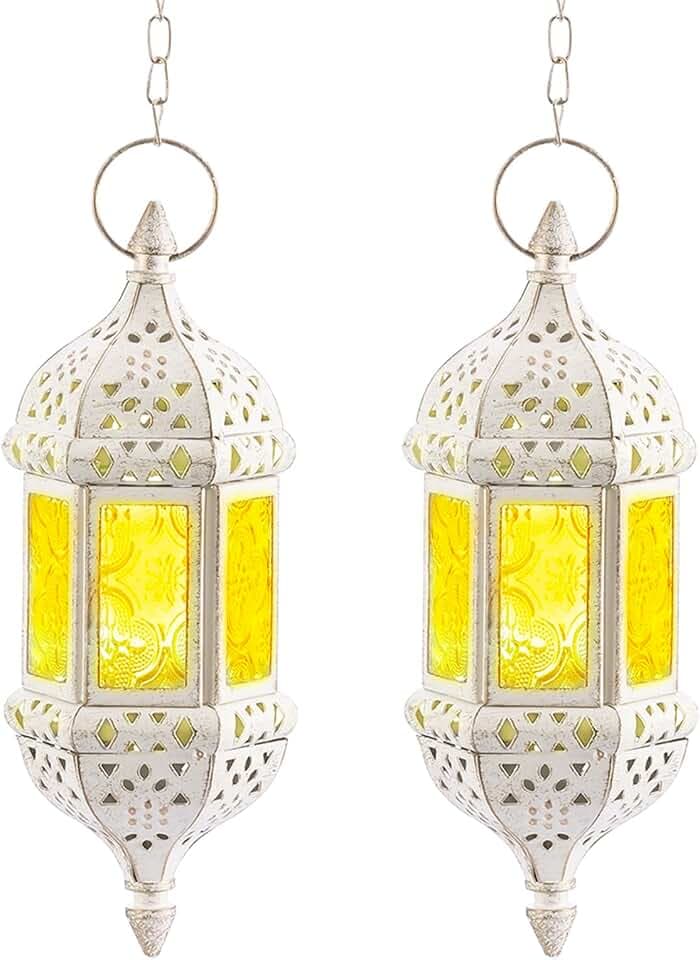 2 Pcs Moroccan Lantern Metalwork Hanging Tealight Candle Holder Metal Glass Indoor Outdoor Battery Operated LED Flameless with 35cm Chain, White