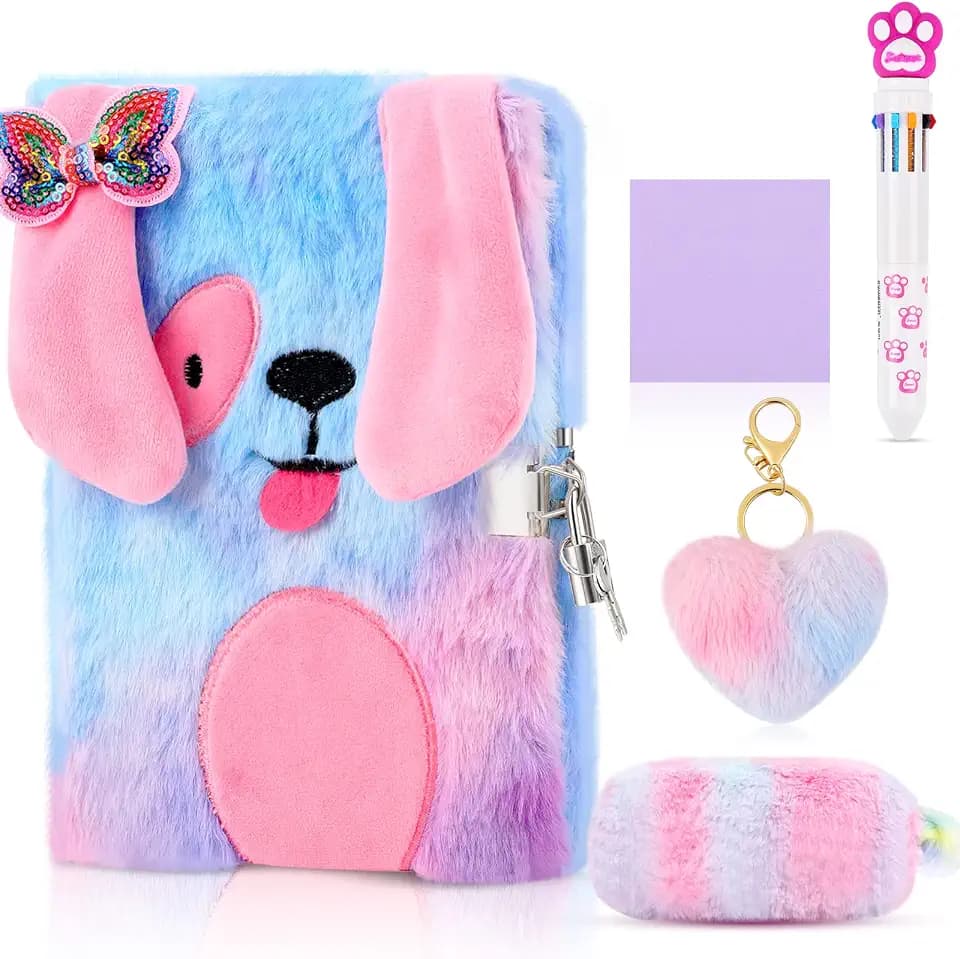 5 Pcs Plush Dog Diary Journal Set for Girls with Lock and Keys, Dog, Heart
