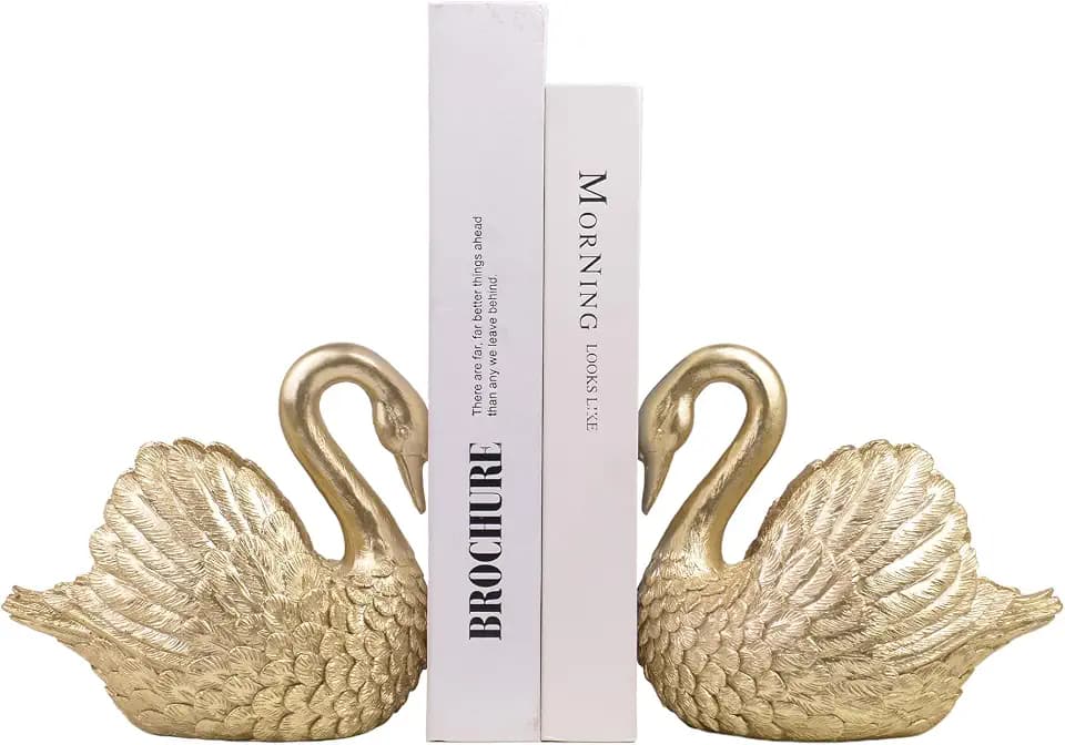 Swan Decorative Bookends,Resin Book Ends for Shelves,Unique Gold Book Holders,Heavy Duty Swan Decor for Home Office Desk Bookshelf,Set of 2,Gifts for Anniversary