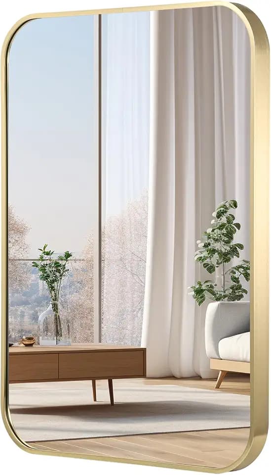 24x32 Inch Gold Bathroom Mirror, Brushed Brass Gold Metal Framed Rectangular Mirror with Rounded Corner, Bathroom Vanity Mirror for Bedroom or Living Room, Horizontal/Vertical