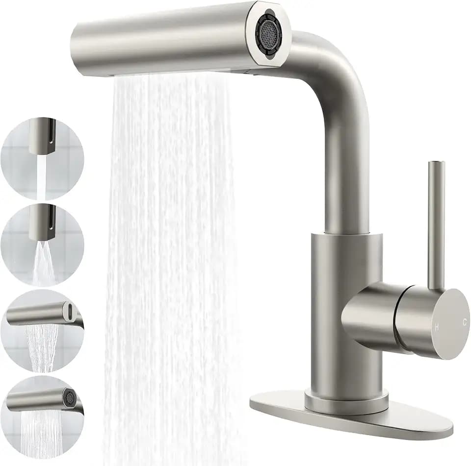 Brushed Nickel Bathroom Faucet with Sprayer - Brushed Nickel Bathroom Faucets for Sink 1 Hole or 3 Holes, 4 Mode Single Handle Vanity Faucet Waterfall Bathroom Faucet with Pull Down Sprayer (No Drain)