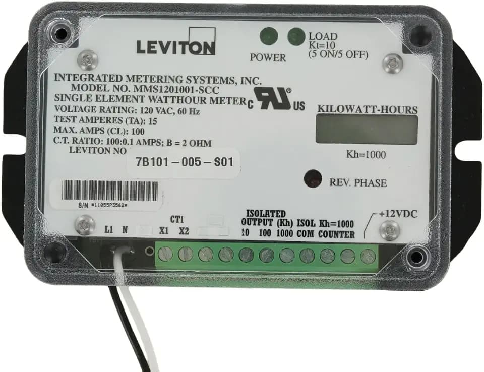 Leviton Submeter, 120V, 1 Phase 2 Wire, Single Element, 100A Mini Meter, 1kWh, No Enclosure, LCD Counter, Electric Meter, 7B101-S01