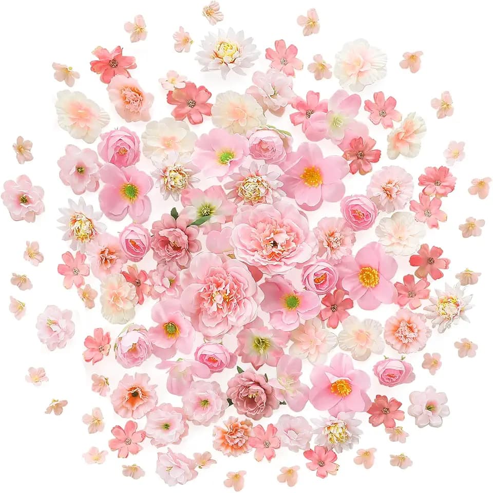 Floroom Mini Artificial Flower Heads Pink & Blush Fake Peony Daisy Rose Multicolor Small Faux Silk Flower Heads for Cake Craft Garland Wedding Party Graduation Cap DIY Home Decoration, 0.8"-3.6"
