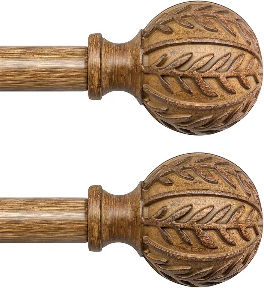 QDWIS 2 Pack Wood Curtain Rods for Windows 66 to 120 Inch, 1'' Adjustable Decorative Drapery Rods with Imitation Wood Grain Leaf Pattern Finials, Boho Heavy Duty Curtain Rods Set 36''-120''
