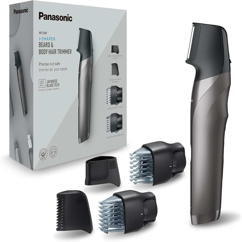 Panasonic ER-GY60-H503 Bart- und Präzisionstrimmer 3-in-1 (wiederaufladbar, Klingenform, i-Shaper, 4 Aufsätze, Edelstahl, Kamm für empfindliche Bereiche und Bartschneider), silberfarben