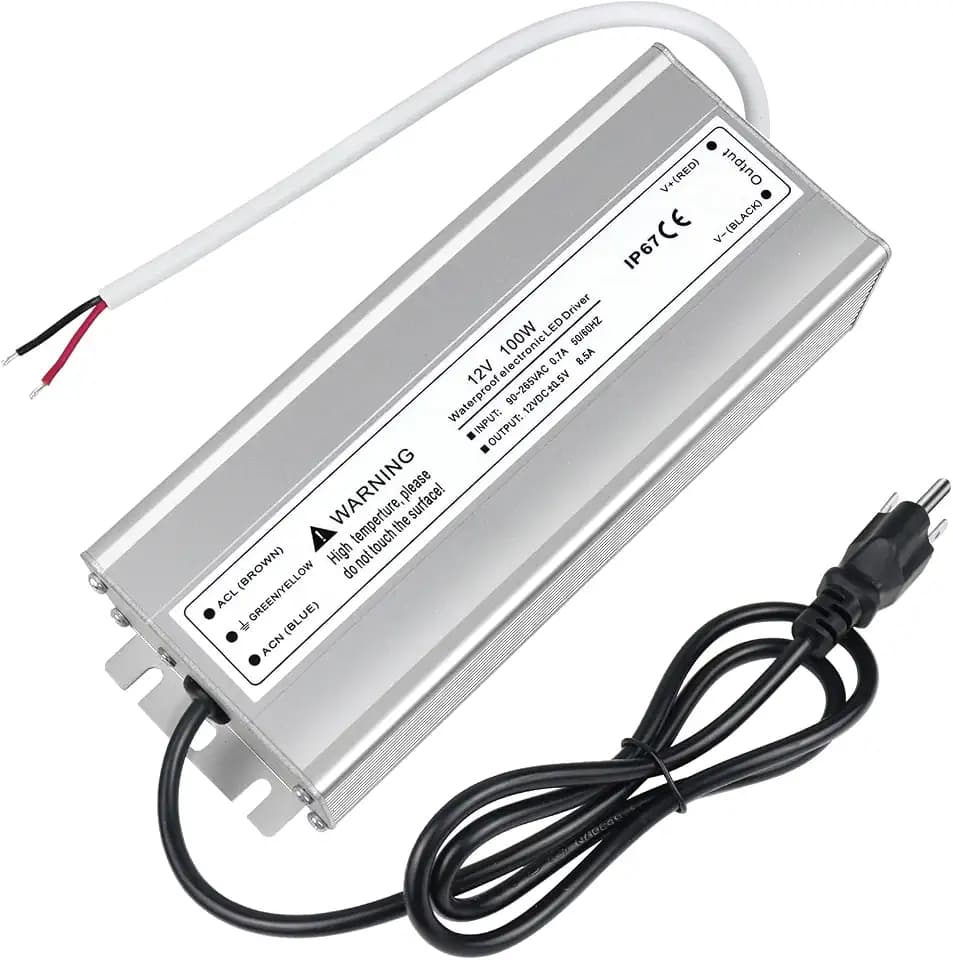 LightingWill 12V 100W LED Power Supply, Waterproof IP67 LED Driver, 90-265V AC to 12V DC Low Voltage Transformer with 3-Prong Plug 3.3FT Cable for LED Strip Lights and Outdoor Lighting