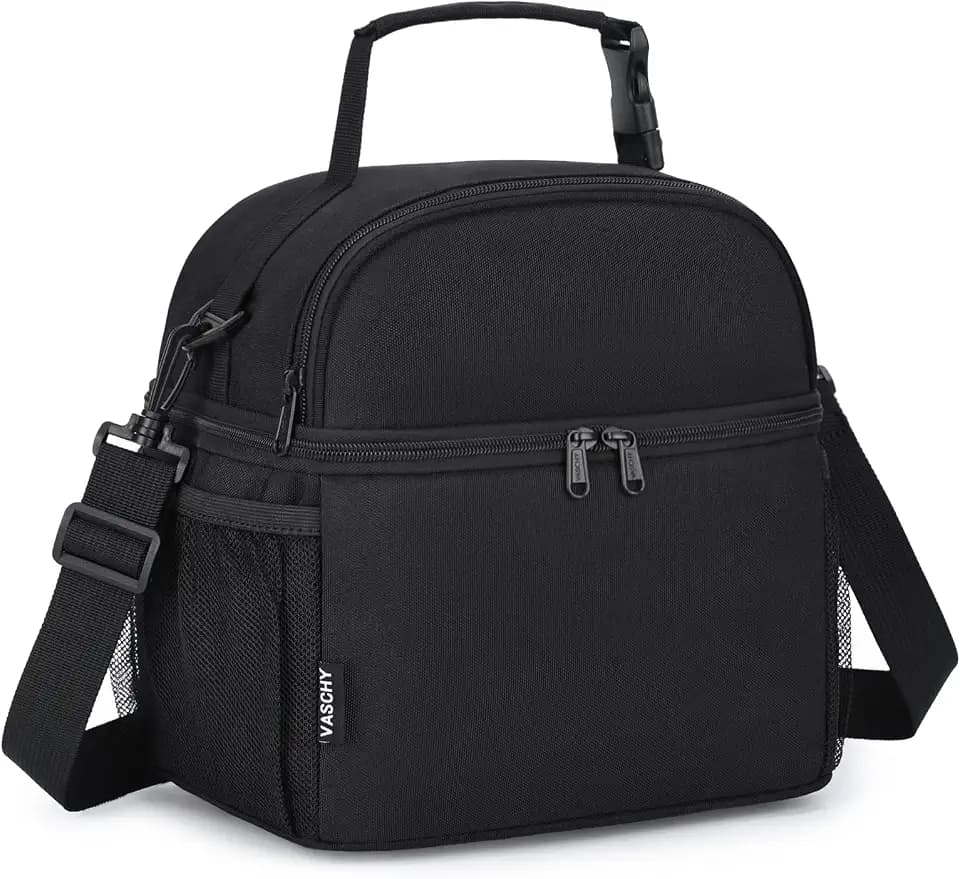 VASCHY Lunch Box Bag, Insulated Double Compartments Cooler Lunch Tote for Men Women/School/Work/Picnic Black
